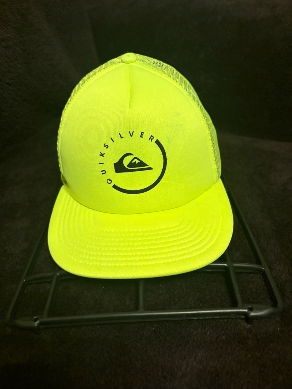 Quiksilver black logo neon yellow mesh foam trucker SnapBack hat